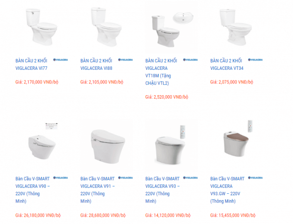 Tham khảo trên trang thương mại gachxinh.com, giá thiết bị vệ sinh của thương hiệu Viglacera nằm ở nhiều phân khúc