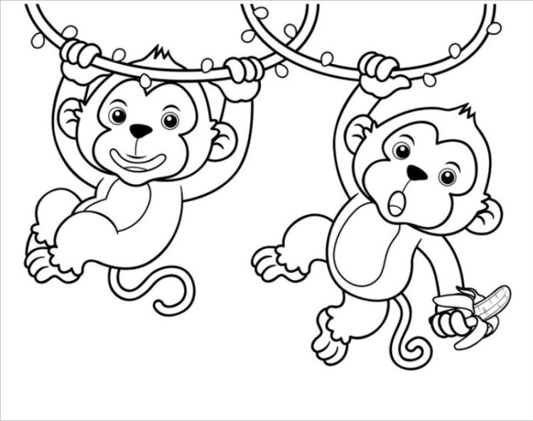 Tranh tô màu 2 con khỉ đu cây